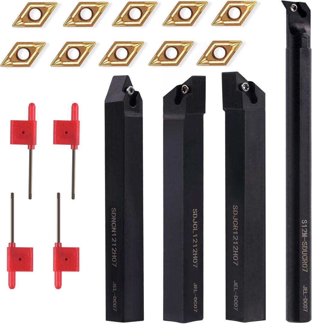 Indexable Lathe Turning Tool 1/2" Shank 14PCS Kit-4PCS Metal Lathe Tools Holder 10PCS DCMT21.51 Carbide Insert for Turning Boring Grooving SDJCR1212H07/SDNCN12120H07/SDJCL1212H07/S12M-SDUCR07