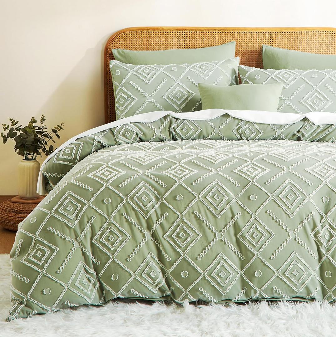 Green Duvet Cover King Size - 3 Pieces Soft and Light Duvet Covers Set with Boho Tufted Geometric Pattern for All Season, Breathable Bedding Set with Zipper Closure & 2 Pillowcases