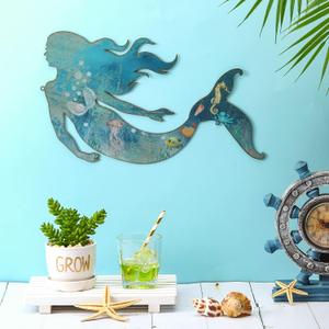 Demissle Metal Mermaid Wall Art Mermaid Hanging Art Sculptures Ocean Themed Wall Decorations Indoor Outdoor for Bathroom Kitchen Garden Pool Patio 15 x 9.7 Inches(Classic Style)