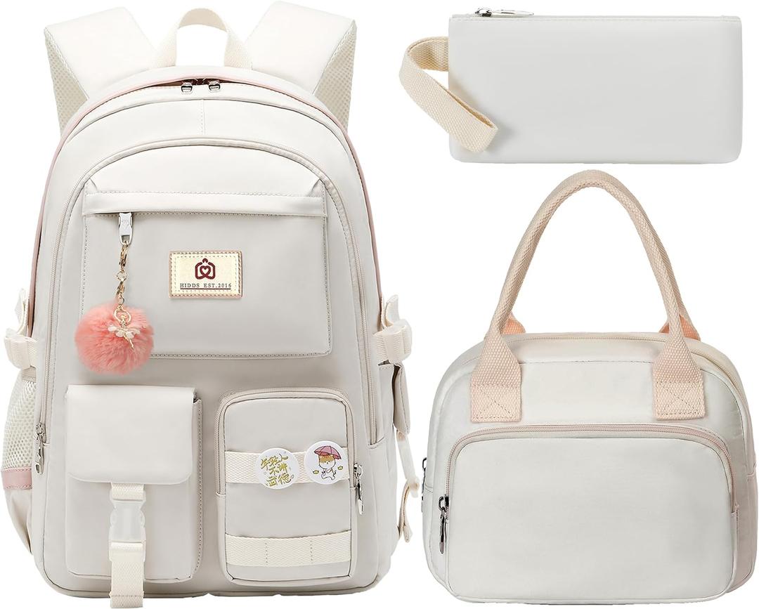 School Backpack for Teen Girls Women College Laptop Backpacks Kids Cute Bookbag Set with Lunch Box Pencil Case Elementary Middle High Campus Bag 3 Pcs Students Bookbags Sets Travel Daypack-Beige