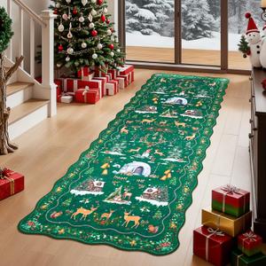 Christmas Runner Rug for Kitchen, Scalloped 2x6 Washable Holiday Area Rugs for Hallway Bathroom Bedroom, Soft Non-Slip Long Cute Floor Mat, Winter Snow Xmas Home Decor Carpet, Green