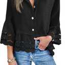 Cicy Bell Womens 3/4 Bell Sleeve Button Down Shirts Casual Ruffle Hem Tops Eyelet Blouse (X-Large, Black)