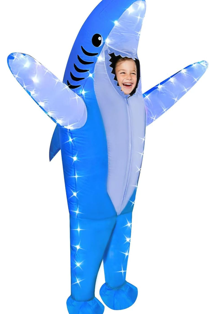 anroog Inflatable Shark Costume Kids with LED Lights Halloween Blow Up Lighted Shark Costumes for Boys Girls Party Cosplay One Size