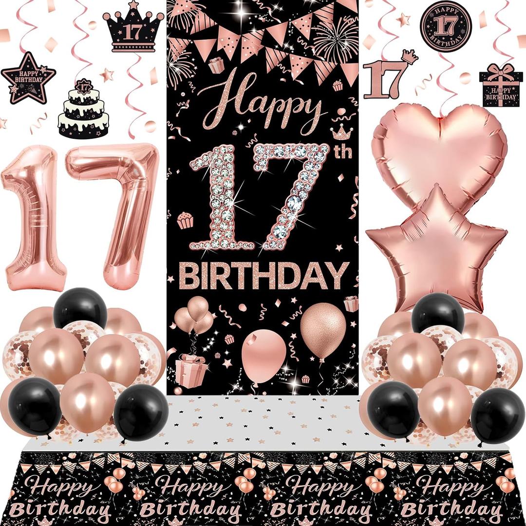 17th Birthday Decorations for Girls, Happy 17th Birthday Decorations Girl, 17 Birthday Decorations for Girls Rose Gold and Black, 17th Birthday Banner Door Backdrop Balloons Tablecover Number 17 Decor