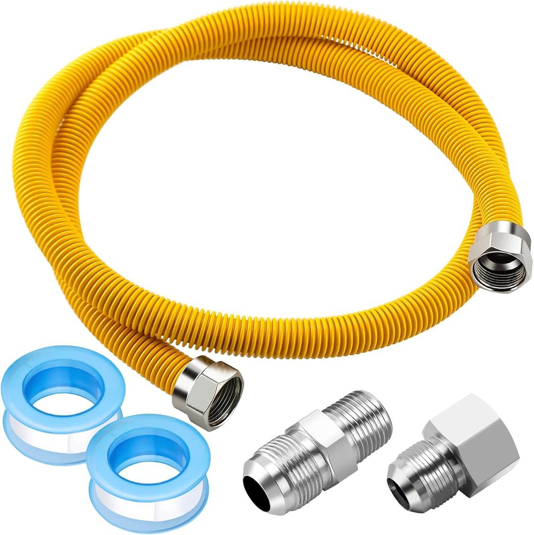 Puxyblue [2025 NEW] 48" Flexible Gas Line Kit for Dryer Stove Range Water Heater - 1/2" OD(3/8" ID) Flexible Stainless Steel Gas Dryer Kit Come with 1/2" MIP x 1/2" FIP Additional Raw Belt