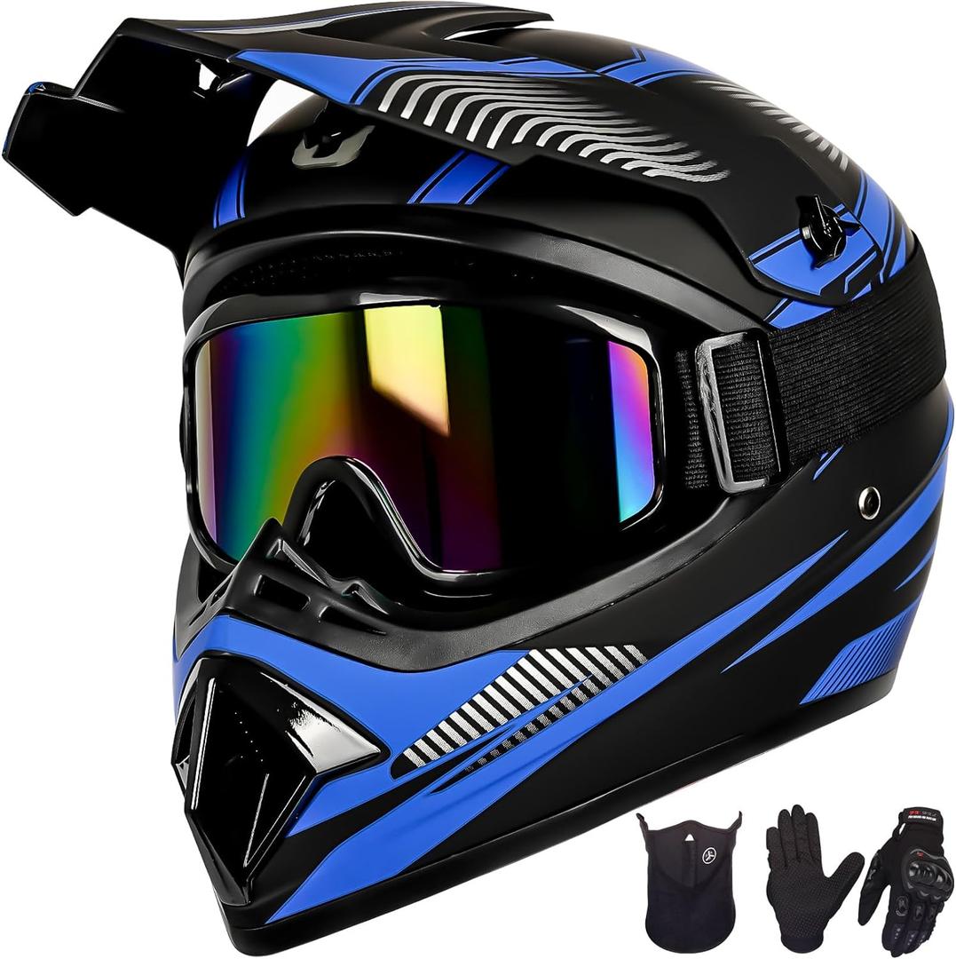 Youth Dirt Bike Helmet Set Includes Gloves, Goggles, Mask, Ideal Helmet for Kids 8-14, Premium Safety Gear for Dirt Bike Helmets Enthusiasts - DOT Approved (Dark Blue,M)