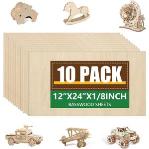 10 Pack Basswood Sheets 1/8x12x24 Inch, Unfinished Wood for Crafts, 3mm Basswood for Laser Cutting & Engraving, Wood Burining,Architectural Models, Wood Board for Painting.