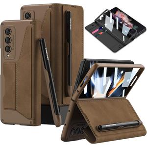 DEMCERT for Samsung Galaxy Z Fold 3 5G with S Pen Slot, Military Armor Cases Full Body Protective Anti-Scratch Hard Slim Leather Bracket Case with Screen Protector for Galaxy Z Fold 3 5G (Brown)