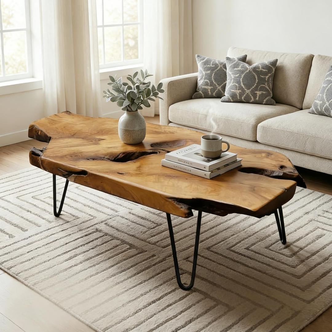 Natural Wood Coffee Table, Live Edge Coffee Table for Living Room, Unique Desktop, Large