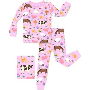 Bamboo Viscose Toddler Girls Kids Pajama Sets 12M-8Y Snug fit Long-Sleeve Softness Sleepwear Pjs 2pcs Jammies (12-18 Months, Pink Barnyard)