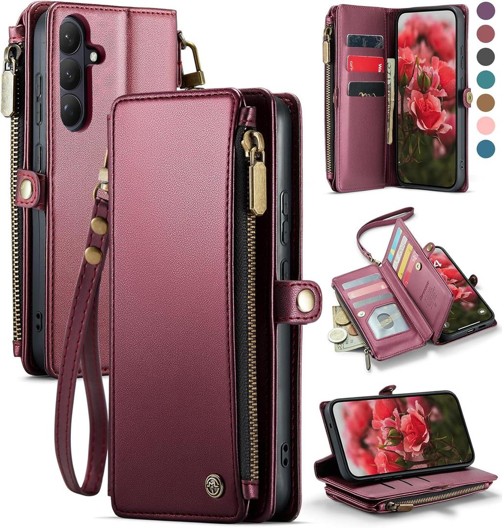 Defencase for Galaxy S26 Case Wallet with RFID Blocking Card Holder for Women Men, Elegant PU Leather Magnetic Snap Flip Wrist Strap Zipper Wallet Phone Cases for Samsung Galaxy S26 5G 6.3", Wine Red