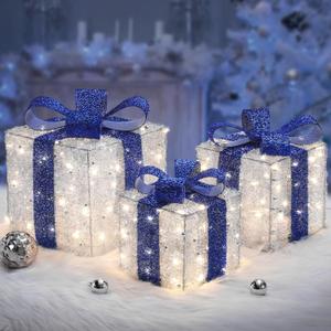 Blue Christmas Decorations, Christmas Lighted Gift Boxes 140 LEDs Light Up Presents Christmas Decor, 8 Modes & Timer Function Plug-in Set of 3 Lighted Christmas Boxes for Xmas Holiday Indoor Outdoor