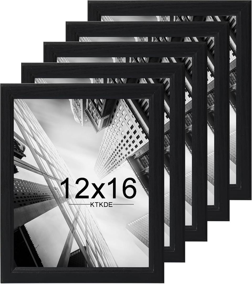 KTKDE 12x16 Picture Frame Set of 5,Black Wooded Shatter Resistant Glass, Vertical & Horizontal Wall Hanging for Wall Display, Studio Gallery Photo Frame for Photos, Posters & Art Prints