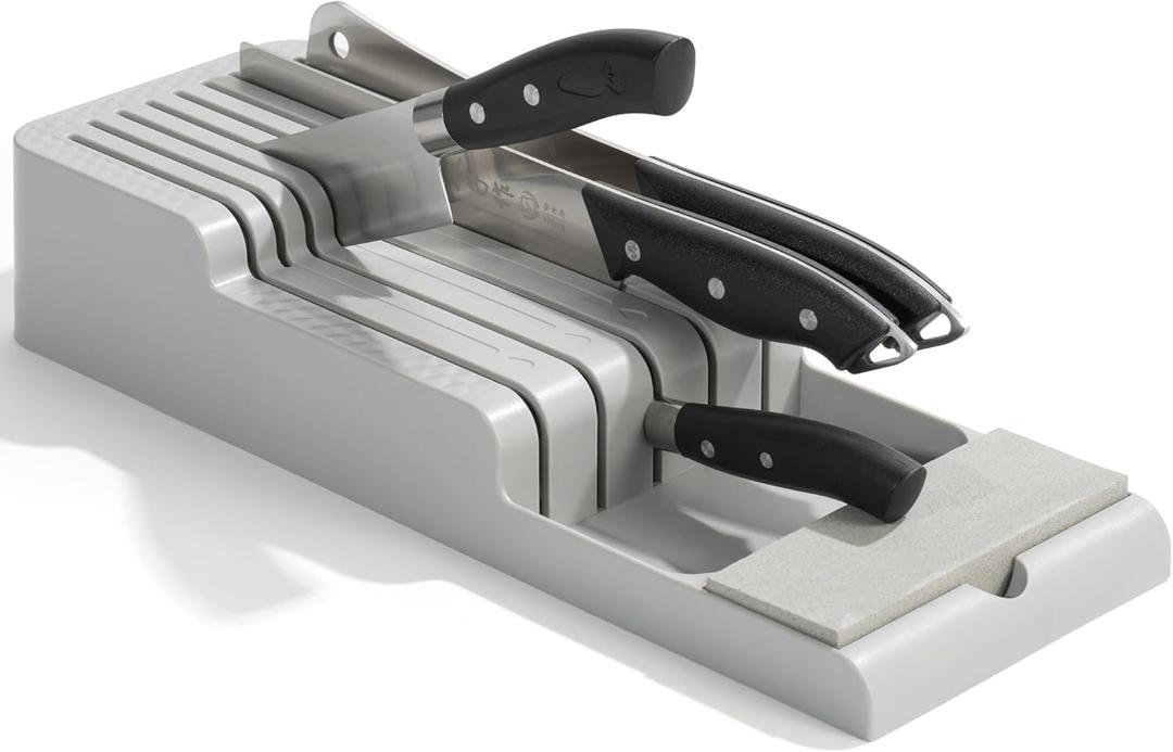 Li&Zhao Knife Drawer Organizer with Integrated Sharpening Stone  Drawer Knife Organizer for Efficient Kitchen Organization, Knife Organizer Drawer Insert Securely Stores Up to 14 Knives (Gray)
