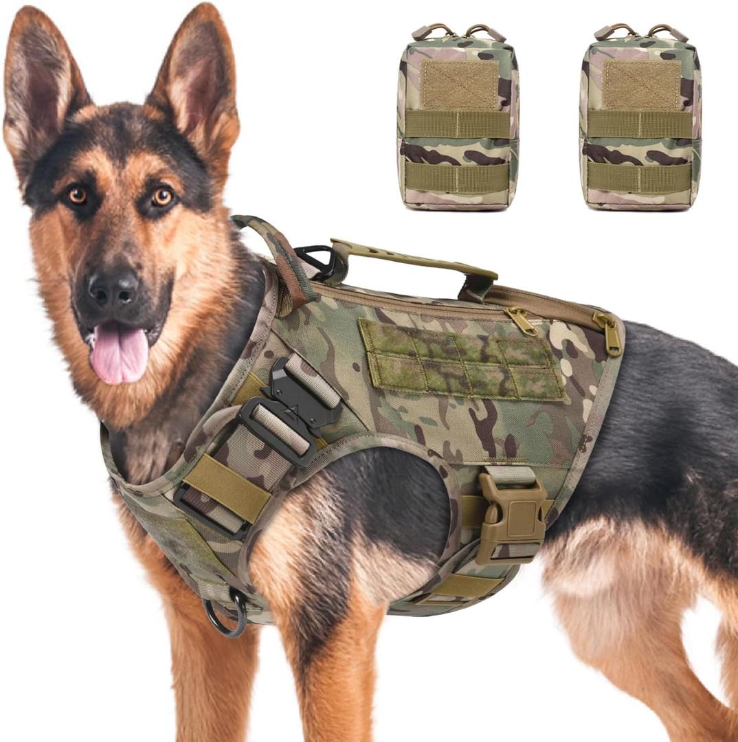 Tactical Dog Harness for Medium Large Breeds, No Pull Adjustable Service Dog Harness with Handle & Molle System, Top Elastic Retention Cord, Full Body K9 Dog Training Vest for Walking, L