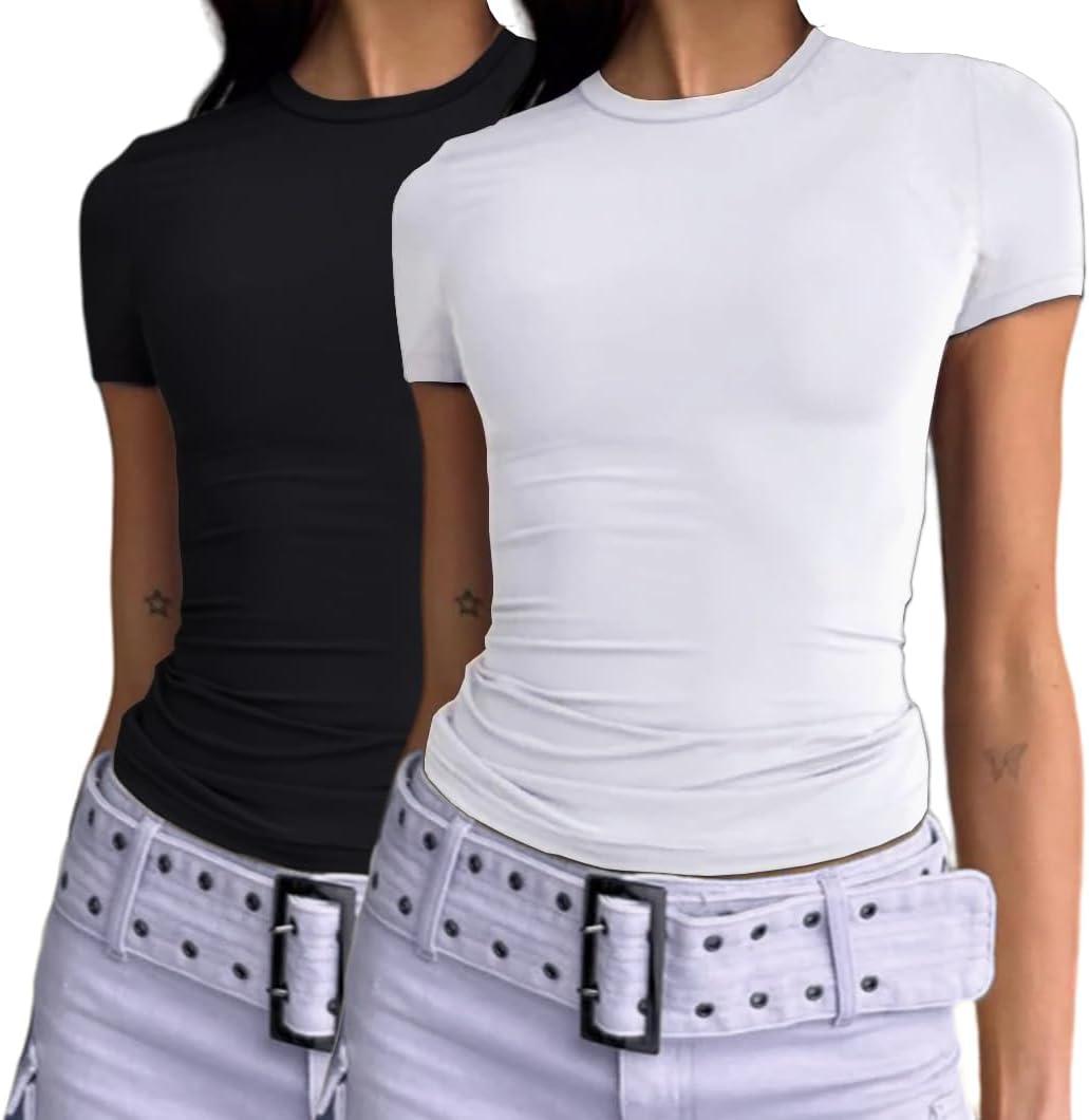 Dwnval Womens 2 Piece Sexy Casual Short Sleeve Crewneck Shirts Summer Slim Fit Cute Crop Tops (M)