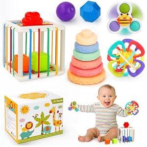 Baby Toys 6-12 Months,5 in 1 Montessori Toys for Babies 6-12 Months,Pull String Infant Teething Toys,Stacking Rings,Color Shape Sensory,Suction Cup Spinner Toys for 6-9-12 to 18 M+ Birthday Gifts