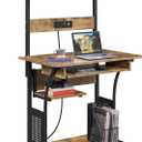 Yaheetech 3 Tiers Rolling Computer Desk on Wheels with Charging Station and Keyboard Tray, Mobile Home Office Desk PC Laptop Workstation with Power Outlet and USB Ports for Home Studying, Rustic Brown