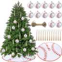 Syhood 26 Pcs Baseball Christmas Decor Set Include 12 Sports Ball Ornaments 36'' Print Christmas Tree Skirt 12 Wooden Sports Bat Ornaments and Rope for Home Xmas Holiday Party