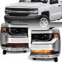 Headlight Assembly Compatible with Chevy Silverado 1500 2016 2017 2018 (Only for Hid/Xenon Model) Factory Replacement Head Light Lamp Chrome Housing Driver & Passenger Side Pair