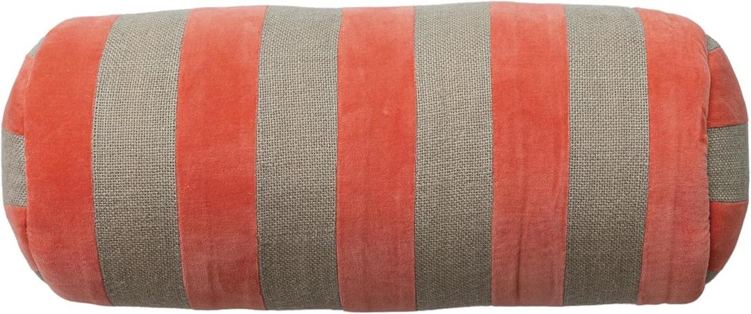 Creative Co-Op Cotton Velvet and Jute Bolster Pillow with Stripes, Pink and Grey