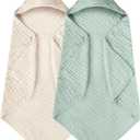 Yoofoss Hooded Baby Towels for Newborn 2 Pack 100% Muslin Organic Cotton Baby Bath Towel with Hood for Babies, Infant, Toddler and Kids, 32x32Inch, Soft and Absorbent Newborn Essential,Apricot&Green