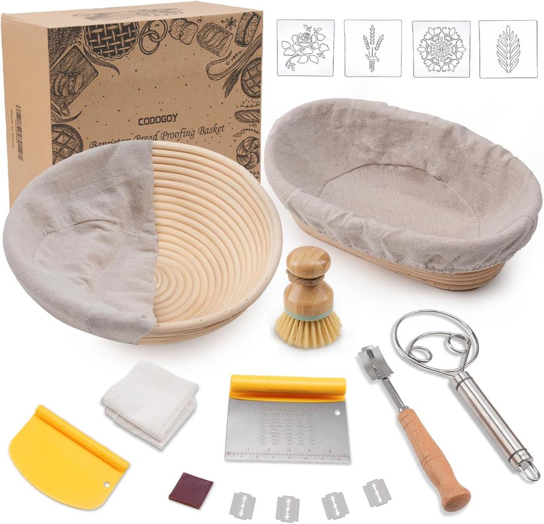 CODOGOY Banneton Bread Proofing Basket Set, Sourdough Bread Baking Supplies with 9" Round & 10" oval Handmade Natural Rattan Proofing Basket and Complete Bread Making Tools
