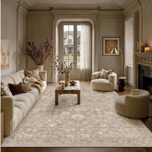 HUGEAR 8x10 Area Rugs Washable Throw Carpet Beige Living Room Bedroom Neutral Rug Non Slip Low Pile Retro Distressed Stain Resistant for Home Aesthetic Modern Decor