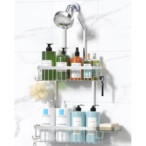 YASONIC Shower Caddy Hanging - Never Rust Shower Organizer - Aluminum Shower Rack with Hooks for Razor/Sponge, Bathroom Organizers and Storage Hanging with Soap Basket- Silver