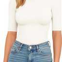 MANGOPOP Women's Half Sleeve Crew Neck Bodysuit 3/4 Sleeve Body Suit, White, Small