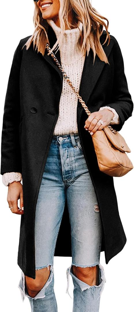 Tanming Women's Notch Lapel Double Breasted Wool Blend Mid Long Pea Trench Coat (Medium, Black)