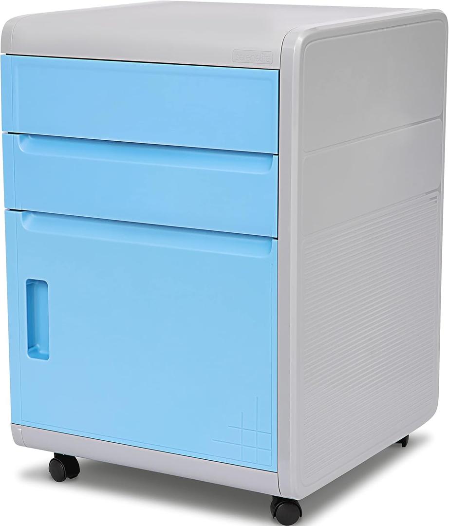 SereneLifeHome 3 Drawer File Cabinet with Coded Lock, Business Filing Desk with Wheels, Mobile Rolling Organizer, 360 Swivel Casters, Ideal for Office Or Home Workstation, Gray, Blue (SLRLCB28)