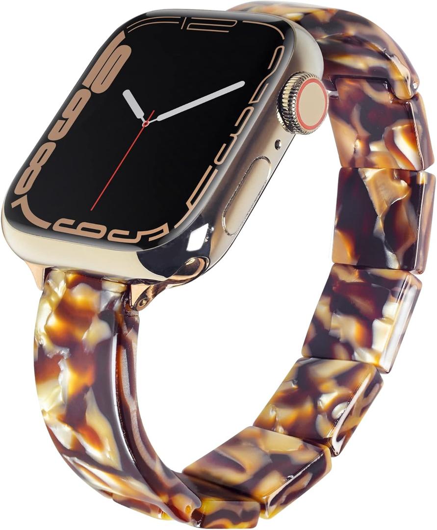 Slim Bangle Stretchy Watch Band Compatible with Apple Watch for Women, Tortoise Shell Resin Fashion Watch Bracelet Strap for iWatch SE, Series 8/7/6/5/4/3/2/1, 38/40/41mm, 42/44/45/49mm (Caramel)