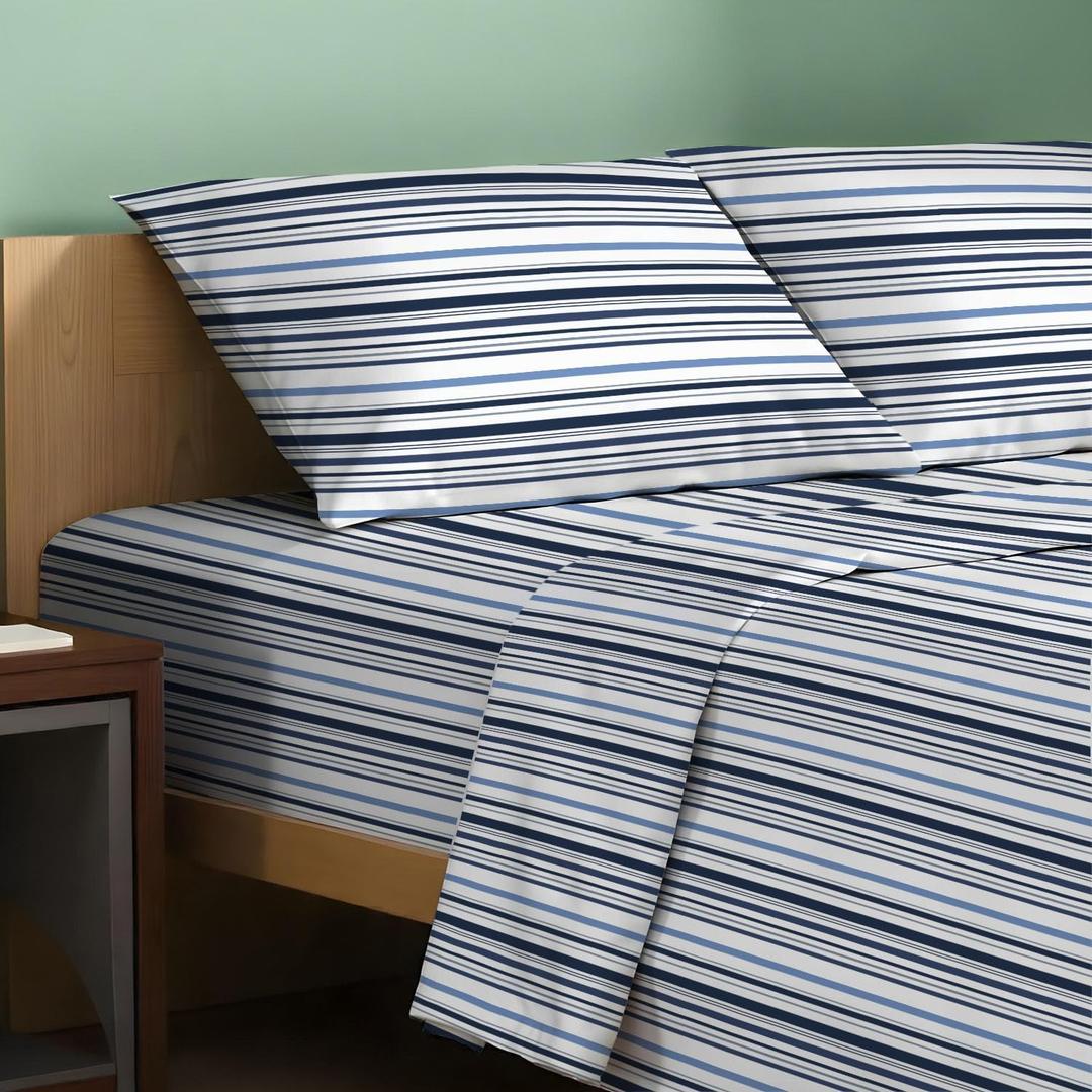 TEXAS LINEN CO. 100% Organic Cotton Printed Sheets Full Size - 4 PC Organic Cotton Percale Sheets Full Set (Variegated Stripe), Cooling & Breathable Sheet, 16" Deep Pocket - GOTS Certified