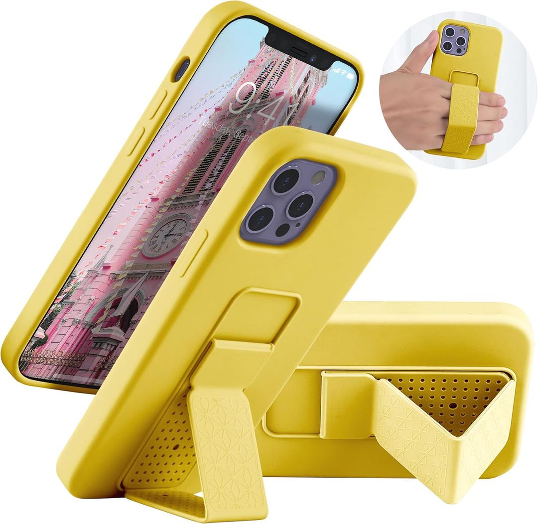 LAUDTEC Silicone Kickstand Case Compatible with iPhone 12/12 Pro, Vertical and Horizontal Stand Hand Strap Metal Kickstand Cover, Flexible Soft Liquid Silicone Stand Case for iPhone 12/12 Pro (Yellow)