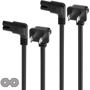 Angled 2-Slot Non-Polarized Angle Power Cord 2 FT (2-Pack), 90 Degree L-Shaped TV Power Cord, IEC320 C7 to NEMA 1-15P, 2 Prong Replacement Cable, Figure 8, Black, 2 Pack