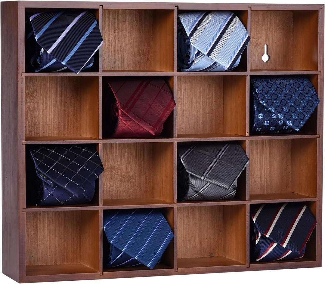 Wall Mounted Tie Rack - 16 Compartment Tie Organizer with Display Racks for Bedroom & Wardrobe