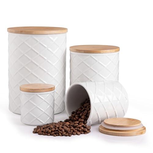 Sweejar Ceramic Canister Sets for Kitchen Countertop, Relief Food Storage Jar with Bamboo Lid, Stackable Container for Flour, Coffee, Pasta, Cereal, Tea, Cookies, Sugar, Spices, Pack of 4, White