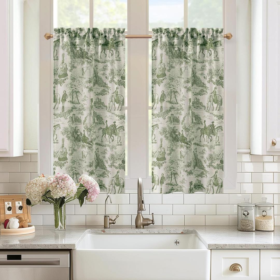 DriftAway Kitchen Curtains Toile Tier Linen Short Curtains Cafe 45 Inch Length for Living Room Bathroom Farmhouse French Country Vintage Printed Pattern Rod Pocket 2 Panels Loden Green