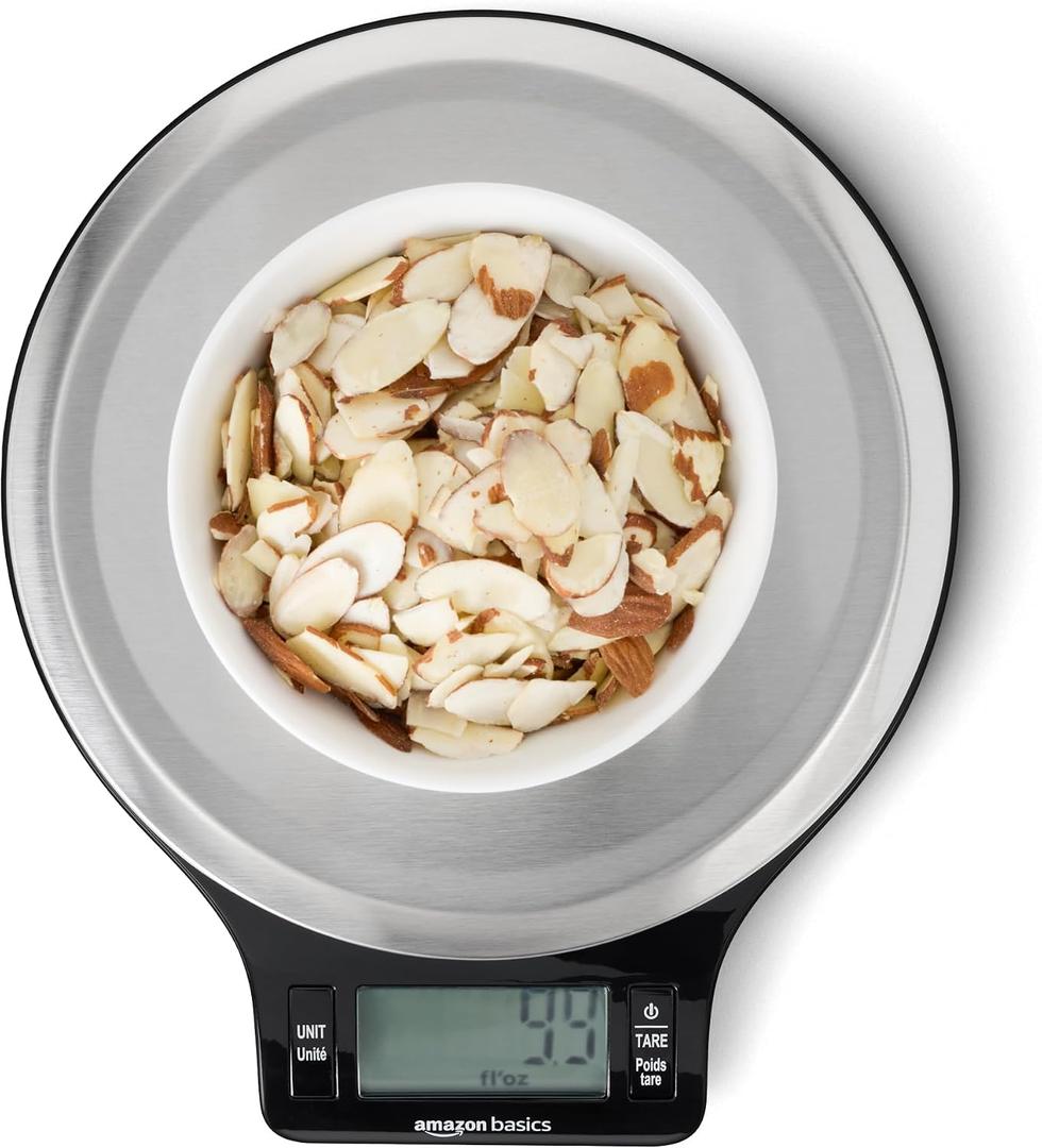 Amazon Basics Digital Kitchen Scale with LCD Display, Tare Function, Multiple Units, Weighs up to 11 Pounds, Batteries Included, Black and Stainless Steel
