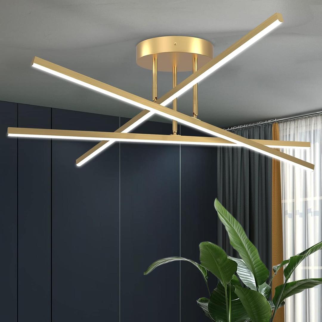 Gold LED Chandelier, 3-Lights Modern Semi Flush Mount Ceiling Lighting Fixture for Kitchen Dining Room Foyer Entry Bedroom, 23.82 24W