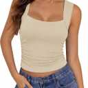 Women's Wide Strap Square Neck Tank Top Ruched Side Cute Stretch Trendy 2026 Casual Going Out Tops