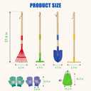 4-Piece Garden Tool Set with Shovel, Rake, Hoe, Leaf Rake - 2 Pairs of Gloves & 2 Storage Bags, Wooden Gardening Tools for Yard & Lawn Care