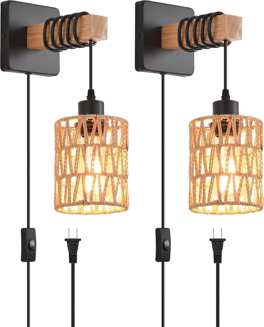 Rustic Wall Sconces Fixtures with Plug in Cord, Set of Two Indoor Vintage Rattan Wall Light Industrial Lamp Fixture Farmhouse Metal Sconces Light for Bedroom Bedside Living Room (2 PACK)