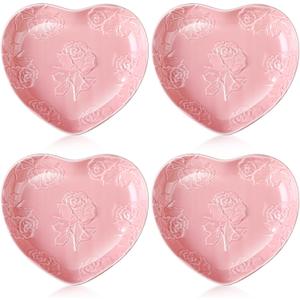 Tioncy 4 Pcs Valentine's Day Ceramic Heart Shaped Plates Galentine's Day 9 Inches Porcelain Heart Bowls Rose Dishes for Dessert Salad Appetizer Valentine Party Supplies(Pink)
