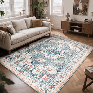 Boho Area Rugs 5x7 Washable Non-Slip,5 by 7 Low-Pile Retro Vintage Oriental Inspired Persian Style Bohemian Rug with Rubber Backing,Blue Carpet for Living Room,Bedroom,Dining Room Under Table,Office (Azure Ember)