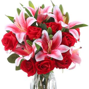 Hotop 20 Pcs Artificial Flowers Velvet Realistic Roses and Latex Lilies Flowers Bouquet Decorations Arrangements for Home Table Centerpieces Wedding Decor(Pink, Red)
