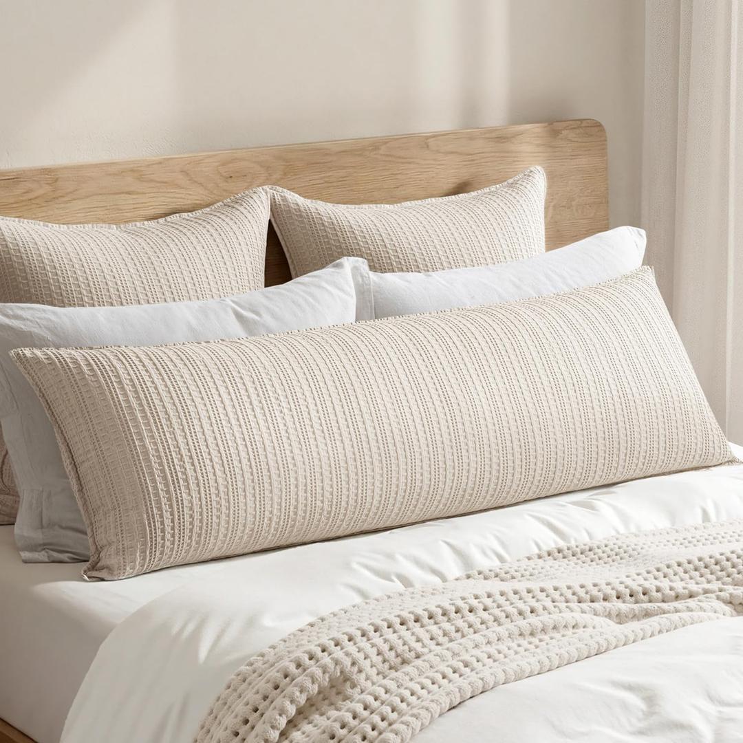 Woaboy 100% Cotton Waffle Weave Body Pillowcase, 1 Pack 20x54 Decorative Body Pillow Cover for Bed Couch Sofa, Neutral Soft Long Cushion Sham Modern Farmhouse Home Decor, Oatmeal