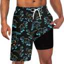 Goodstoworld Mens Swim Trunks with Compression Liner 9'' Inseam Quick Dry Swimsuit Shorts M-3XL (Hawaiian Dinosaurs)
