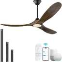 52 Inch Smart Ceiling Fan with Lights, Outdoor Ceiling Fans for Patios Damp Rated, 3 Blades Propeller Walnut Wood Farmhouse Ceiling Fan, Large Airflow DC Ceiling Fan with Remote/ APP/ Alexa Control